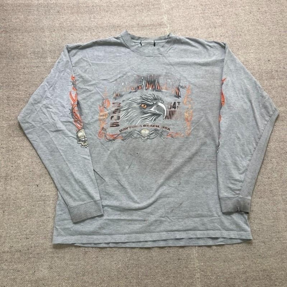 Vintage Bike Week Shirt Mens XL Gray 2000s Long Sleeve Flames Motorcycle Chopper